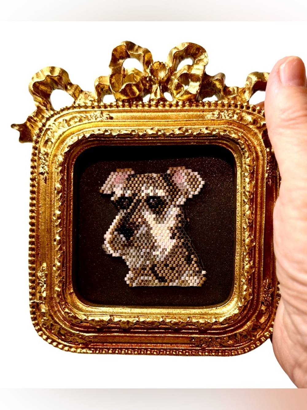 Framed Schnauzer Beaded Art – Ornate Gold Mini Dog Portrait